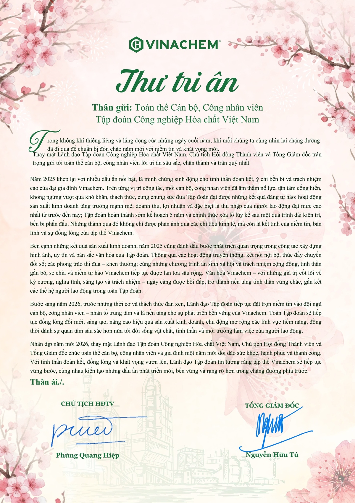 THƯ TRI ÂN NGƯỜI LAO ĐỘNG CỦA LÃNH ĐẠO TẬP ĐOÀN NHÂN DỊP NĂM MỚI 2026
